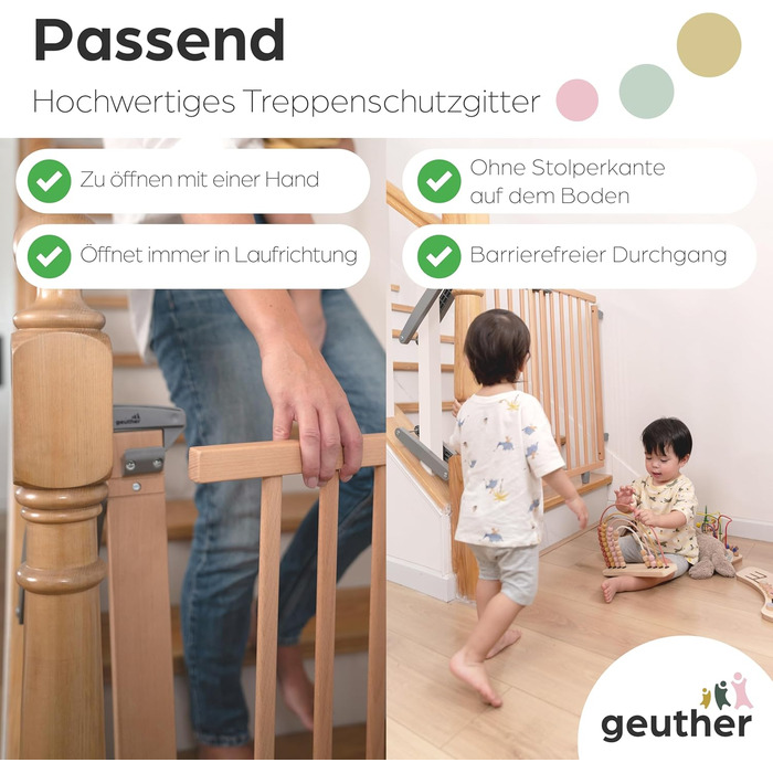 Захист для сходів Geuther Oris | Дверний замок для сходів з кріпленням, ширина 67-95 см | Дверний замок з розсувною дверцятами | Дерев'яне дитяче захисне ворота, натуральний лак 67-95 см