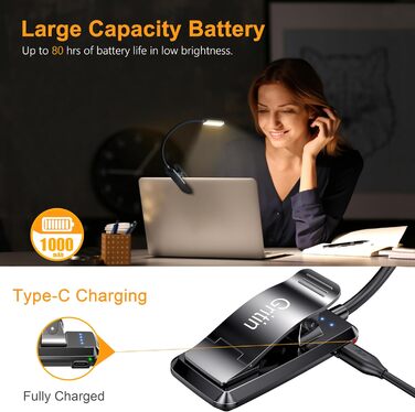 Лампа для читання Gritin з кріпленням, USB, 3 режими температури кольору, регулювання яскравості, гнучка, 360°, для читання в ліжку, у подорожах - чорний