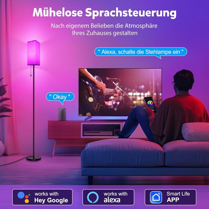 Світлодіодна торшерна лампа RGBWC Wi-Fi 9W E27 Smart для вітальні з димуванням, керуванням через додаток, Alexa & Google Assistant, DIY-режими та таймер