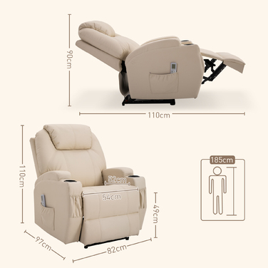 HOMCOM Electric Recliner Chair, TV Chair, Massage Chair, Massage Function, Reclining Function, Faux Leather, Beige, 82 x 97 x 110 cm | Aosom