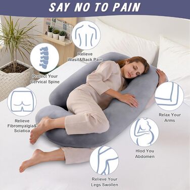 Подушка для вагітних Otauoaea J-подібної форми, подушка для годування XXL, подушка для сну на боці, 145x70 см (велюр, сірий)