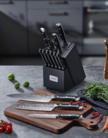 Yabano 14-Piece Professional Knife Set with Sharpening Block - Stainless Steel Chef Knives with Plastic Handles & Wood Block