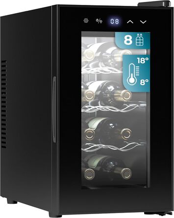 Cecotec Bolero Grandsommelier 830 Coolcrystal 8-Bottle Wine Refrigerator - Thermoelectric Cooling, Adjustable Temperature (8-18°C), Touch Control, LED Interior, Eco-Friendly Gas