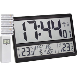 TFA Dostmann Digital XL Wall Clock, 60.4521.01, with Outdoor Temperature, Indoor Temperature, Day of the Week (8 languages), Radio-Controlled Clock, Date, (L) 360 x (W) 235 x (H) 28 (84) mm (Black with Batteries)