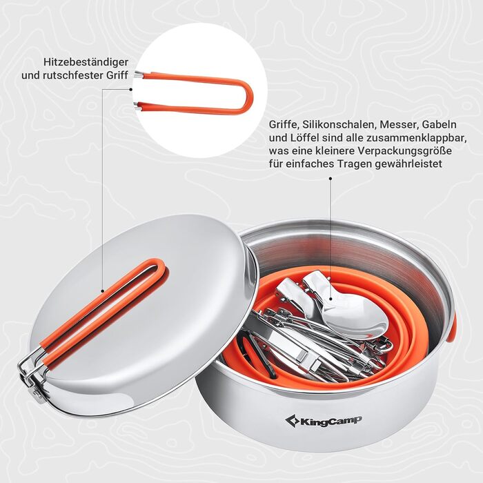 Набір посуду для кемпінгу KingCamp на 2-4 особи: нержавіюча сталь, складаний посуд, легко важить, набір каструль та сковороди для кемпінгу, 2 каструлі + 1 сковорода + столові прибори
