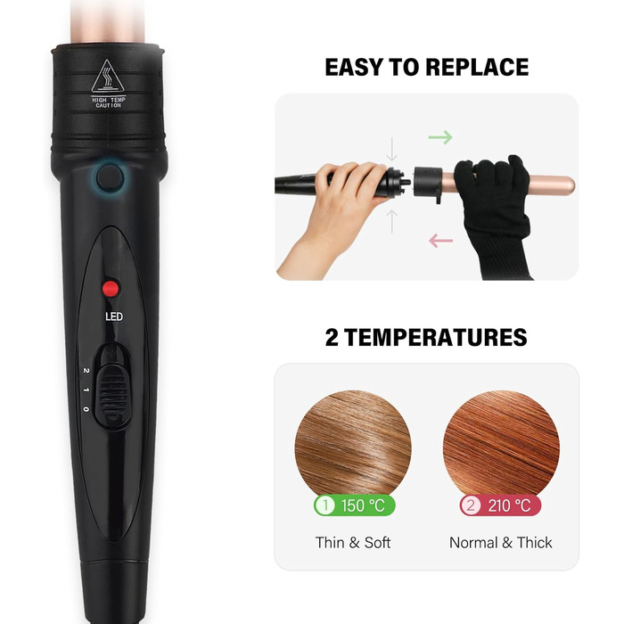 Janelove Welleneisen 3 Fässer: Керамічний локон для волосся 10-32 мм, 180°C/210°C, 5 в 1, з кліпсами та рукавичкою (Чорний, Рожеве золото)