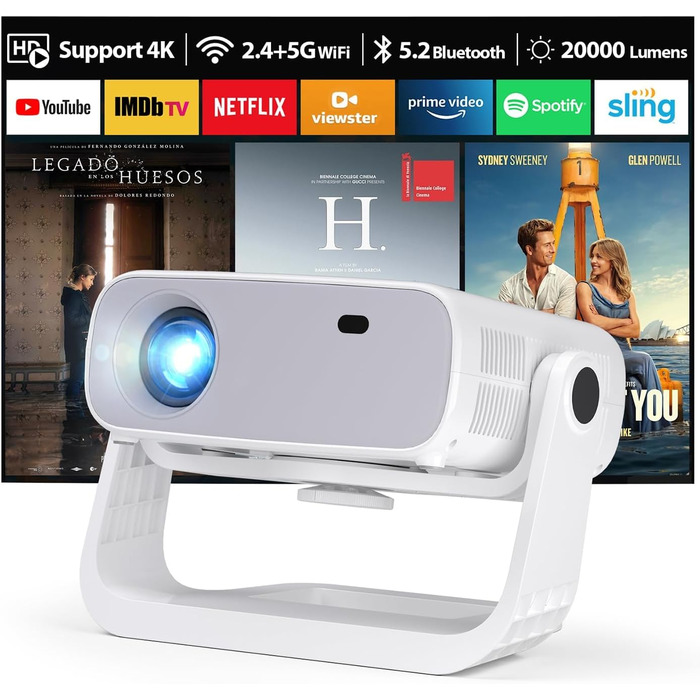 Wielio 2025 Smart Beamer: Android 11, 1080P (4K), WiFi 6, Bluetooth 5.2, 20000 Lumens, для дому, сумісний з iOS/Android/PS5