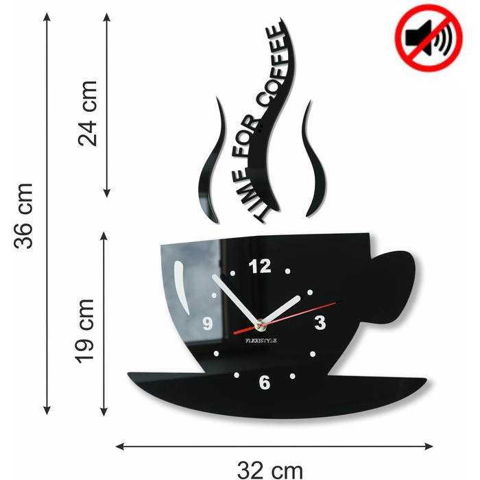 FLEXISTYLE Coffee Time Mug Wall Clock, Modern Kitchen, 3D Roman Numerals, Wall Clock Décor, 32 x 19 cm (32 x 19 cm, Lemon Yellow)