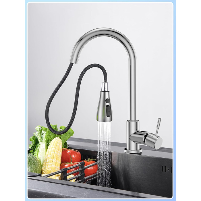 Кухонний змішувач SREWOHS PRO з висувним виливом, 360° обертання, 4 режими розпилення, однорегуляторний, високий вилив, ABS-розпилювач для кухонної мийки, проста установка