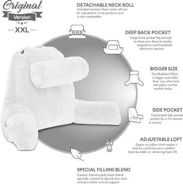 Подушка для чоловіка з підлокітниками - велика, для читання та відпочинку в ліжку. Висока спинка, преміум піна з пам'яті, знімна подушка для шиї на банджі. Білий колір | Оригінальна версія