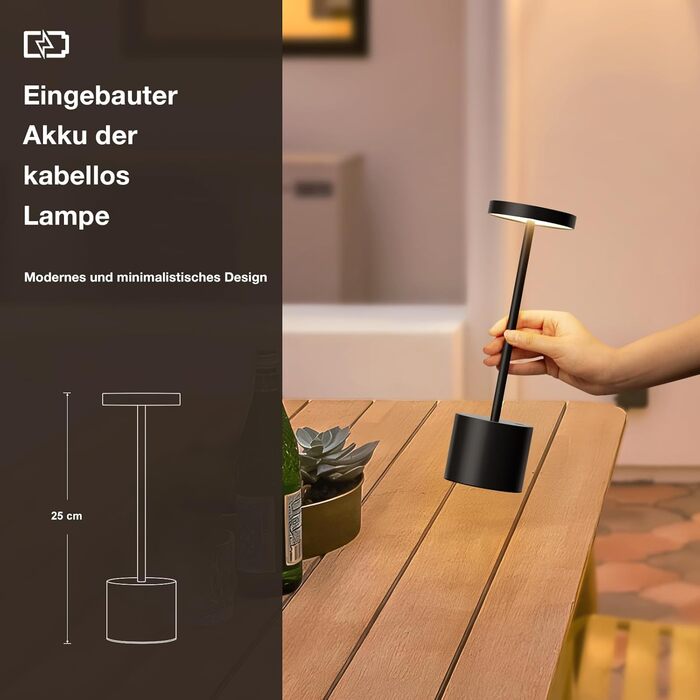 LED настільна лампа бездротова, акумуляторна, торшера з сенсорним керуванням, диммування, 3 колірні температури, регулювання яскравості, для спальні, кафе, чорного кольору, 1 шт.