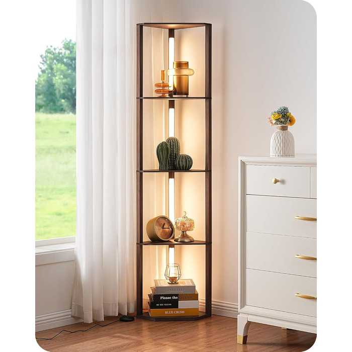 LED торшер EDISHINE з 4 полицями з дерева, торшер для вітальні, регульоване освітлення, 3 колірні температури, поворотний світловий стержень, підсвічування полиць, футовим вимикачем (темно-горіховий)