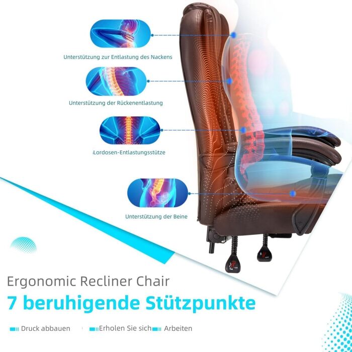 Крісло офісне YODOLLA, 200 кг, ергономічне, з регулюванням нахилу, комп'ютерне, з підніжкою, шкіряне (колір: коричневий)