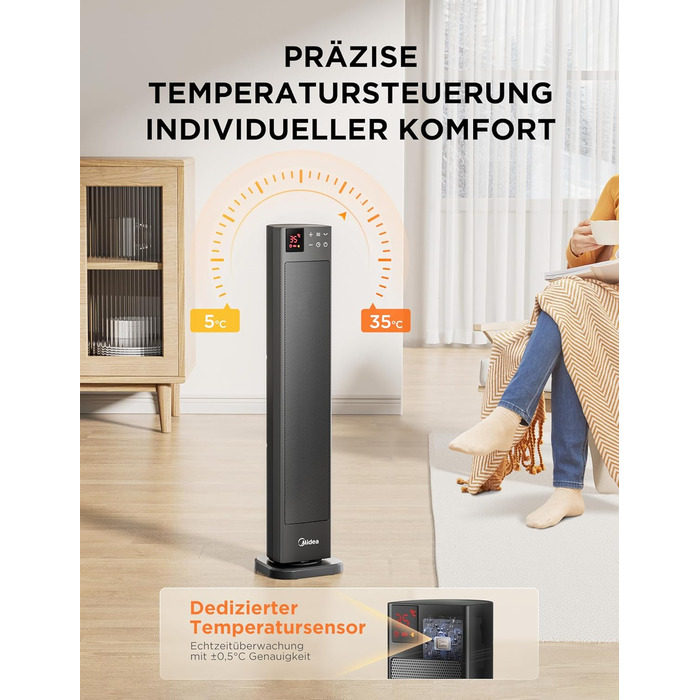 Електричний обігрівач Midea Ceramic 2000W з термостатом, 3 режими, таймер 24 год, захист від перегріву та перекидання, миттєве тепло для офісу та спальні (сірий, 76 см)