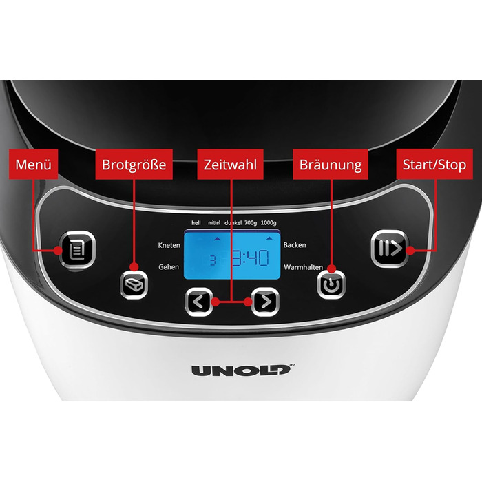 Хлібопекарня Unold 68010 Backmeister Design: чорно-біла, 1.0 кг, 12 програм, LCD-дисплей