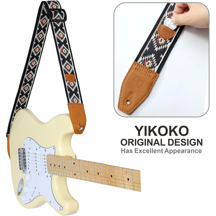 Гітарний ремінь 5,1 см з бавовняного друку, квітковий принт, з повнозернової шкіри, для бас-гітари, електрогітари та акустичної гітари, безкоштовна кнопка для ремінця, фіксатори ремінця та медіатори. Жовті ромашки (Чорний діамант)