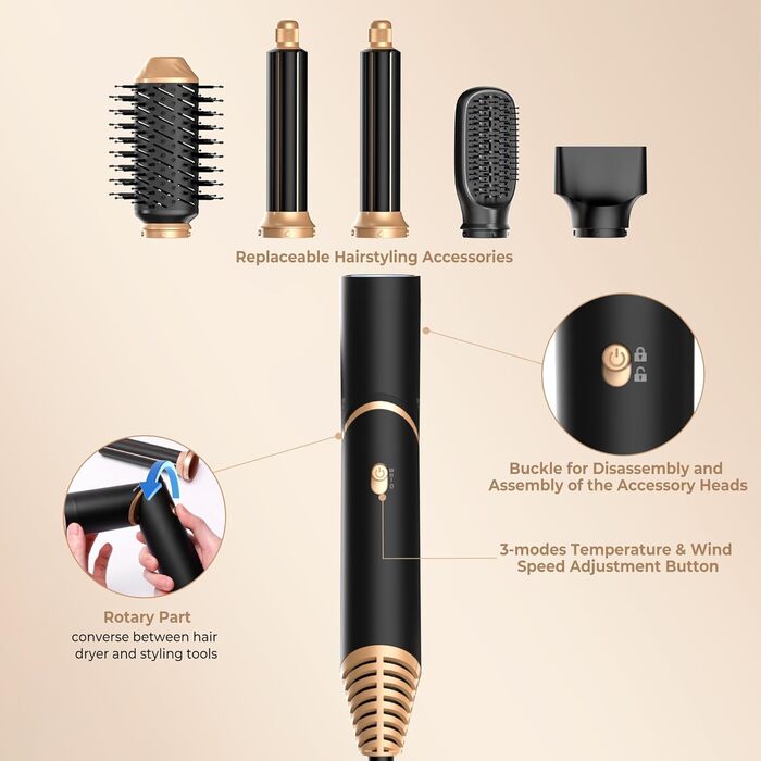 Набір для укладки волосся Airstyler 5 в 1: фен, щітка, плойка, брашшін, стайлер. Чорний