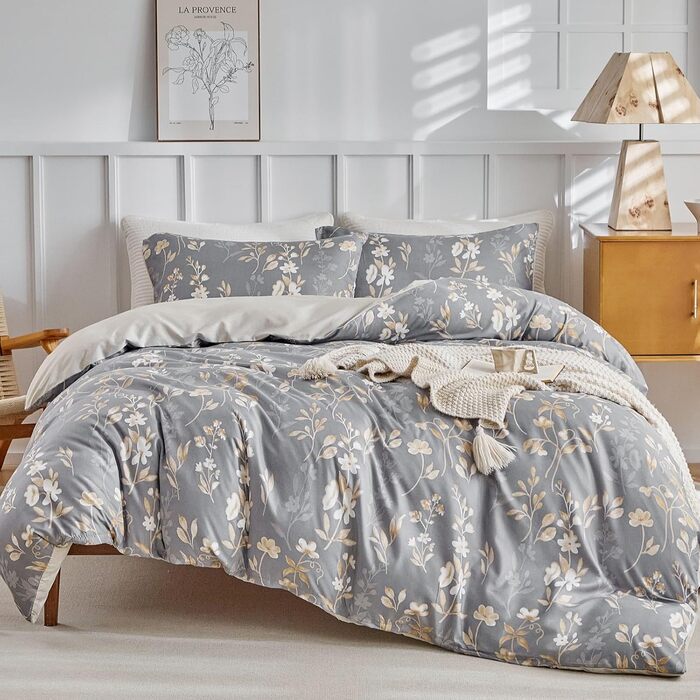 Комплект постільної білизни Tokokimo 220x240 3шт - комплект з 2 наволочками 80x80 см, з блискавкою, квітка, мікрофібра, для двоспального ліжка, сіро-коричневий