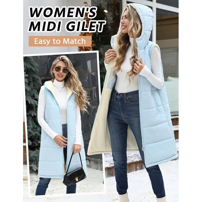 Жіноча степкова жилетка Vancavoo з капюшоном на осінь/зиму. Тепла жилетка з флісовою підкладкою, без рукавів, для відпочинку та перехідного періоду (Блакитна, S)