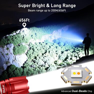 LED ліхтарик Blukar з регулюванням температури світла, 2000 люмен, зум, 10 режимів, вологостійкий, для кемпінгу та активного відпочинку (червоний)