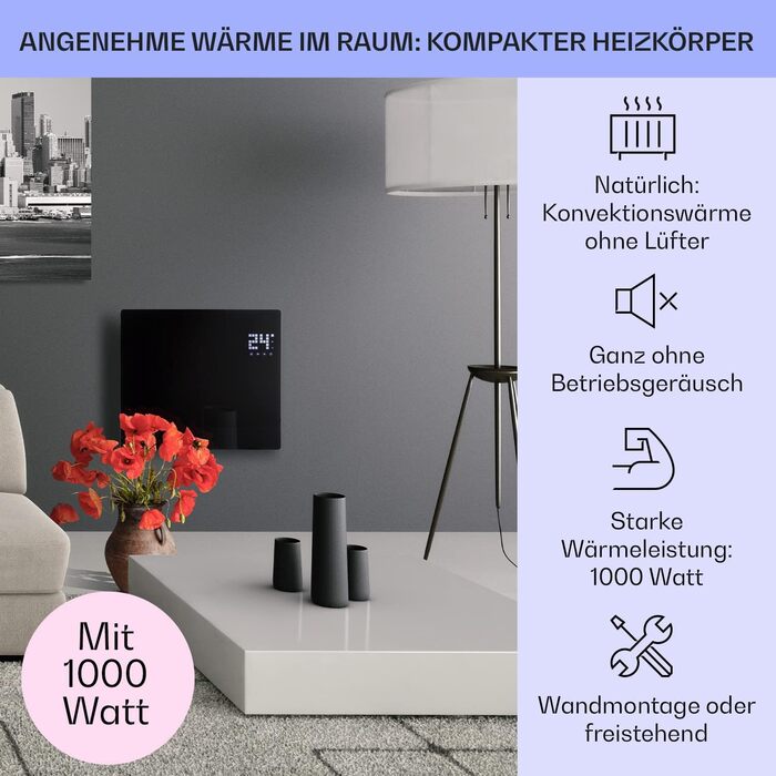 Klarstein Electric Heater, Convector Heater with Casters, Mobile Electric Heater Energy-Saving, Slim, Quiet Electric Heater, Standalone Electric Radiator with Thermostat, 2000 W Black Bornholm