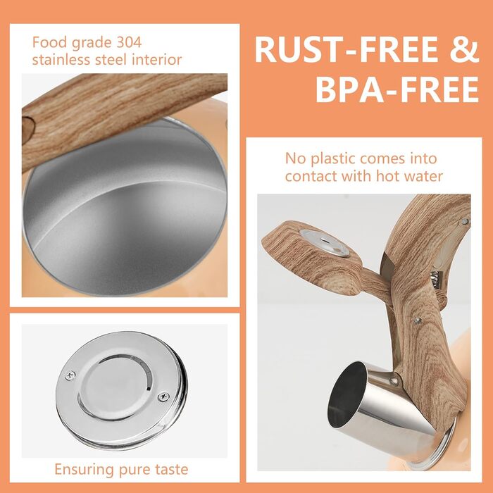 Чайник Harriet Teekessel для плити, 2,5 л, з флейтою, 5-шаровий, з нержавіючої сталі, з термостійкою ручкою, для газових та електричних плит, червоний, глянцевий (персиково-глянцевий)