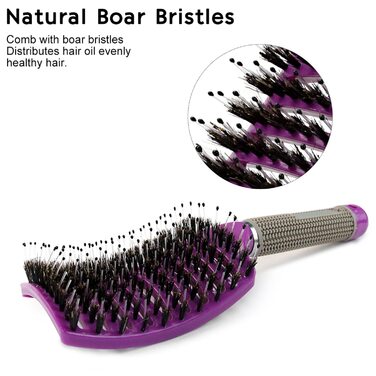 Двохсторонна щітка для волосся з щетиною дикого кабана (чорний та фіолетовий) - безшумна, розподіляє олію, випрямляє волосся, дихаюча, прискорює сушіння
