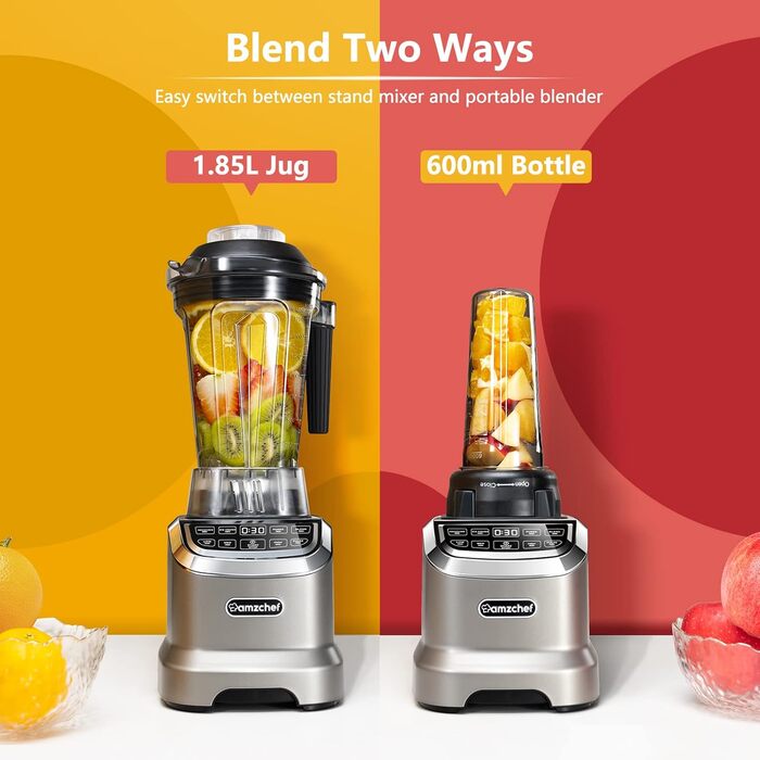 AMZCHEF 2-in-1 Mixer High-Performance Blender with 1850ml and 600ml Containers for Two Mixing Modes | Stand Mixer 2000 Watt with Tamper and 6 Professional Blades 22000 RPM - Matte Gray 2000W Matte Gray