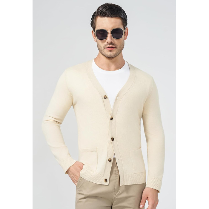 Чоловічий светр з V-подібним вирізом KUYIGO, в'язаний, з ґудзиками, з кишенями, легкий, м'який, apricot (3XL, XL)