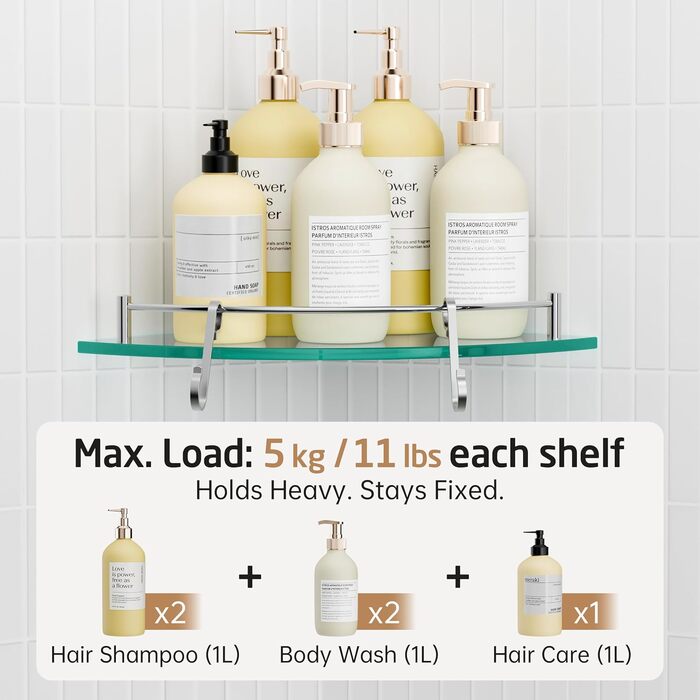 Скляна поличка для душу/ванної кімнати KES, скляна поличка для душу, поличка для ванної кімнати, нержавіюча сталь SUS304, BGS101A--P, щітка, 2 шт.