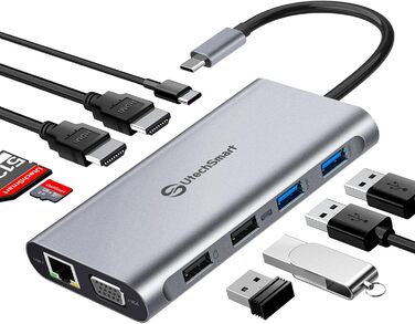 Док-станція USB C з підтримкою 3 моніторів, хаб з Ethernet, HDMI, VGA, PD3.0, SD/TF кардридер та 4 USB порти, сумісна з MacBook та Windows (UCN3270)