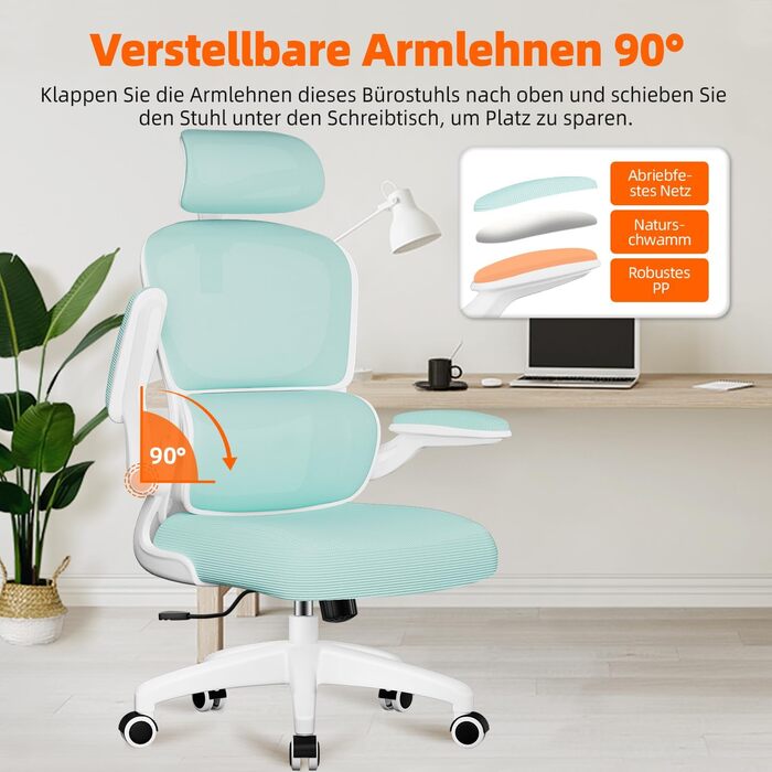 Ергономічне крісло для офісу з регульованою підголівником, поперековою підтримкою та відкидними підлокітниками, крісло для начальника, 150 кг, функція гойдання до 135° (Блакитно-зелений, Модель 2)