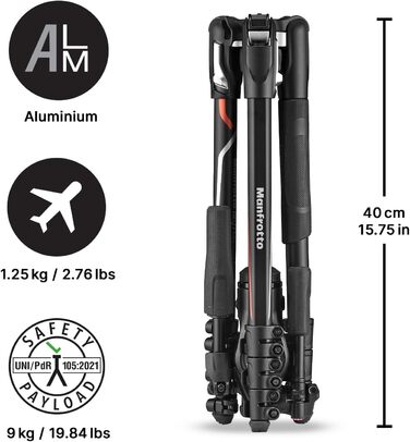 Штатив Manfrotto Befree Advanced 3-Way з тріножкою та рідинною головкою, алюміній, для камер та відеокамер до 6 кг, компактний, аксесуари для фото та відео (Befree Adv 3-Way Sony Alpha Alu)