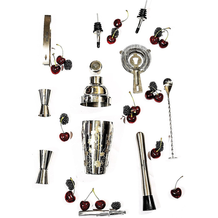 Cocktail Shaker, Professional Cocktail Shaker Set, Stainless Steel, 16 Pieces, Wooden Carrier, Easy to Carry, for Storing Aperitifs, Cocktail Set (16)