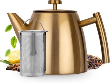 Teapot | Stainless Steel 1L | Teapot with Infuser | Stainless Steel Teapot | Stove for Teapot | Teapot with Stove | Tea Maker | Double-Walled (Gold)