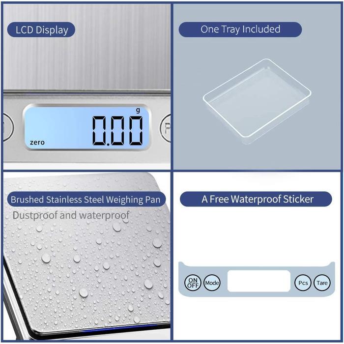 Кухонні ваги 3000г з LCD-дисплеєм та функцією тарування, для їжі та ювелірних виробів, з нержавіючої сталі