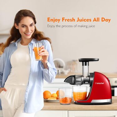 AMZCHEF Juicer for Vegetables and Fruits - Slow Juicer with Reverse-Chewing Function - Gentle Crushing without Filtering - Electric Juicer with Brush and 2 Cups - Rojo