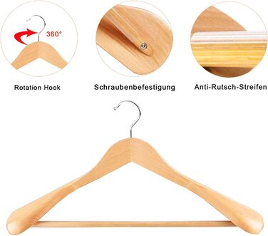 MECOREX Suit Hangers, 10-Piece Set, Solid Wood Clothes Hangers with Extra Wide Shoulders, Non-Slip, for Shirts, Coats, Jackets, Pants, Suits, 360° Swivel Hook (Natural Wood Color)
