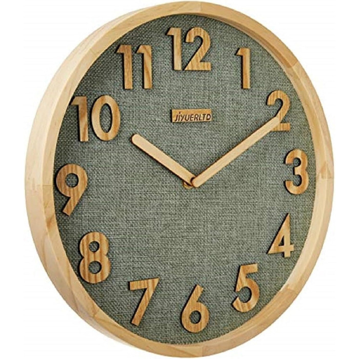 JIYUERLTD 30cm Wall Clock Silent Kitchen Clock Non-Ticking Quartz Wall Clocks Wooden Numbers 3D Display, Wooden Frame with Linen Face Clock for Home Office Classroom School. (Green)