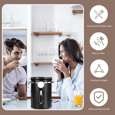 Герметичний контейнер для кави з нержавіючої сталі, 2,8 л, з CO2-вентилем та індикатором дати - для кавових зерен, кави, чаю, горіхів, какао, з мірною ложкою