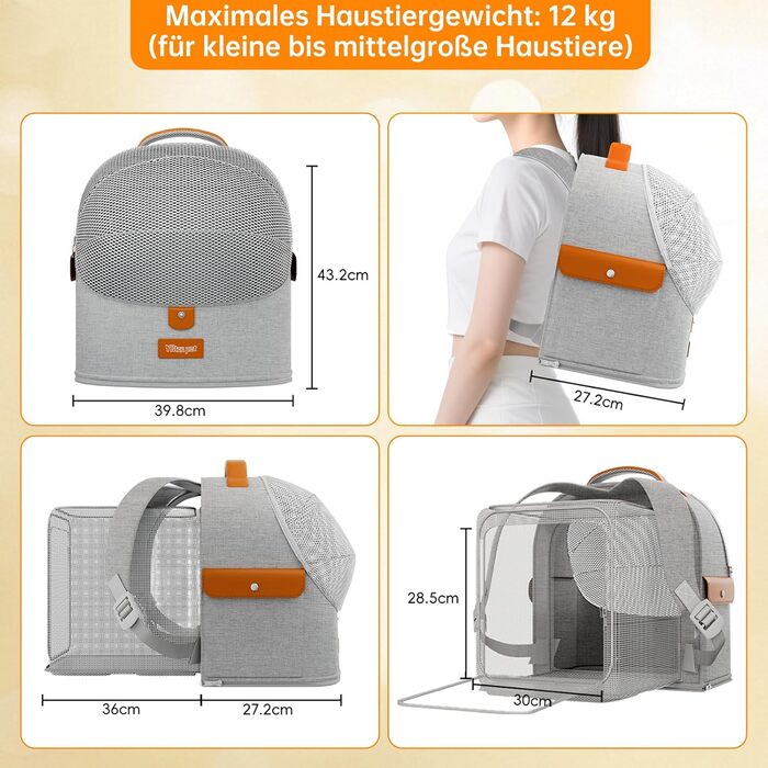 Розширюваний рюкзак для котів - рюкзак-переноска для тварин з дихаючою сіткою 4D, рюкзак для собак та котів до 12 кг (Сірий)