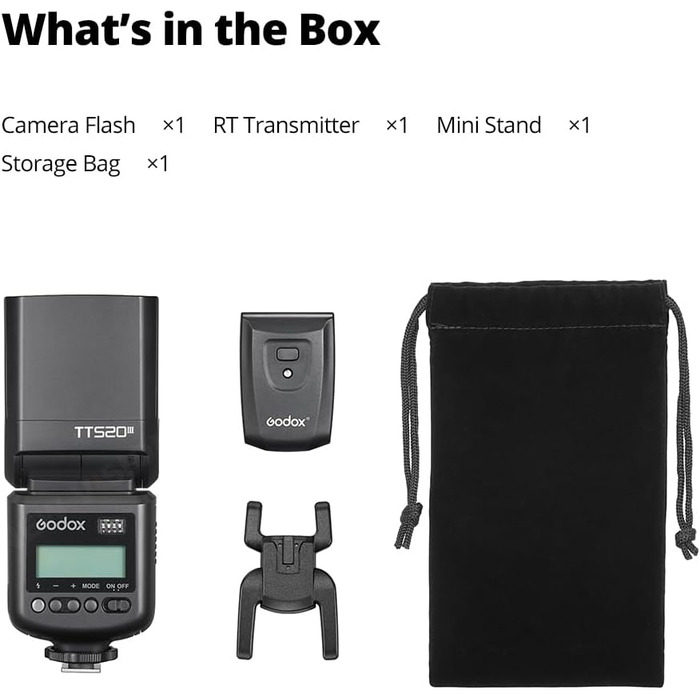 Спалах для камери Godox TT520 III з бездротовим передавачем, GN33, 433MHz, S1/S2 режими, 8 рівнів потужності, сумісний з Canon, Nikon, Pentax, Olympus, Fujifilm, Panasonic