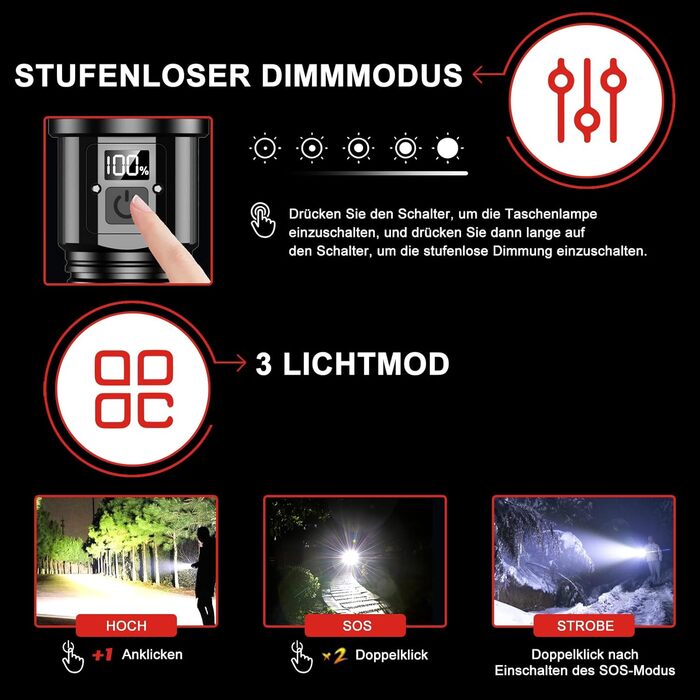 Ліхтар LED акумуляторний тактичний, 500000 люмен, 5 режимів, плавне регулювання яскравості, для кемпінгу та надзвичайних ситуацій, чорний