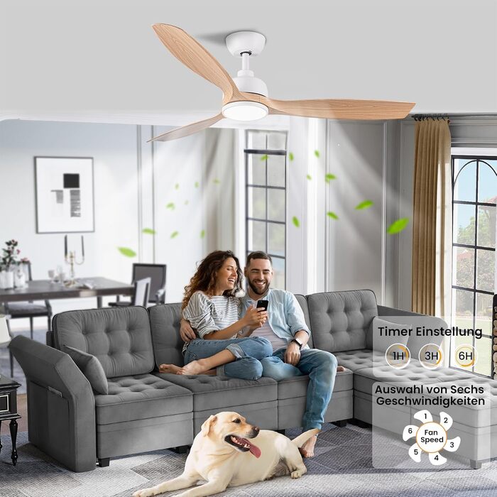 Стеляний вентилятор CJOY з підсвічуванням, 107 см, з пультом керування, DC, безшумний, з функцією зміни напрямку обертання, пам'ять 3CCT, регульована яскравість, 6 швидкостей, таймер для спальні (132 см, біле дерево)