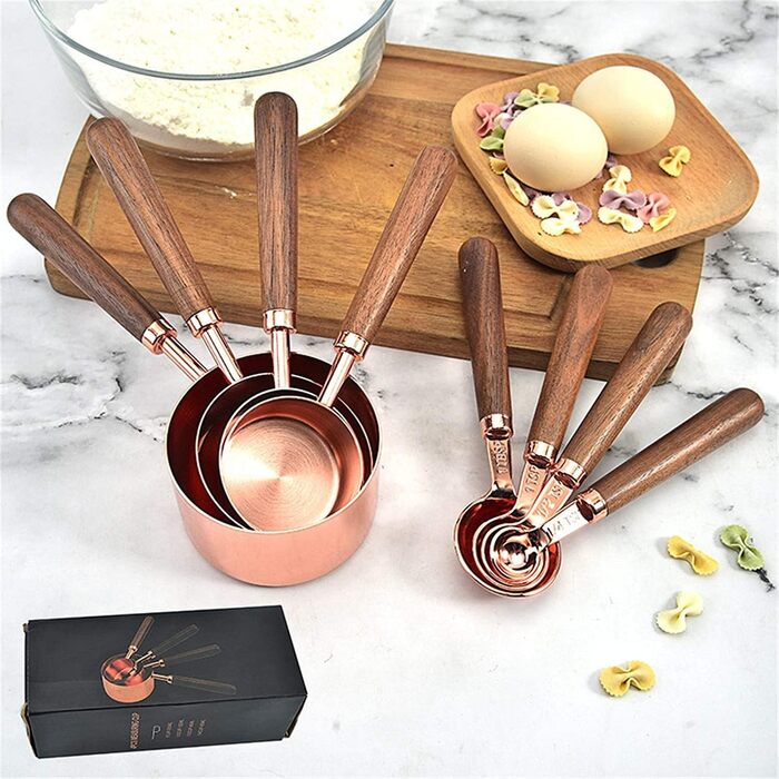 FBHappiness Measuring Spoon, Measuring Spoon with Walnut Handle, Copper-Plated Measuring Spoon, Measuring Cup Set, Kitchen and Baking Utensils (Gold, Measuring Spoons, 4 Pieces) (Golden Measuring Spoons, 4 Pieces)
