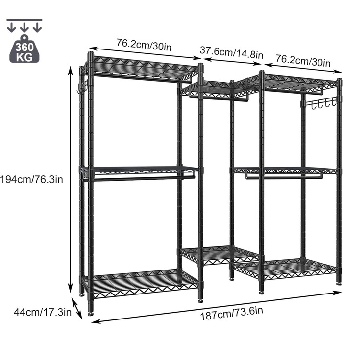 Металева стійка для одягу з гачками, вантажопідйомність до 376 кг, 187 x 44 x 194 см, чорна