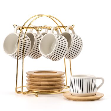 Набір порцелянових чашок для еспресо та кави Лука (6 шт.) з металевим підставкою, 118 мл, смугастий дизайн, білий та чорний