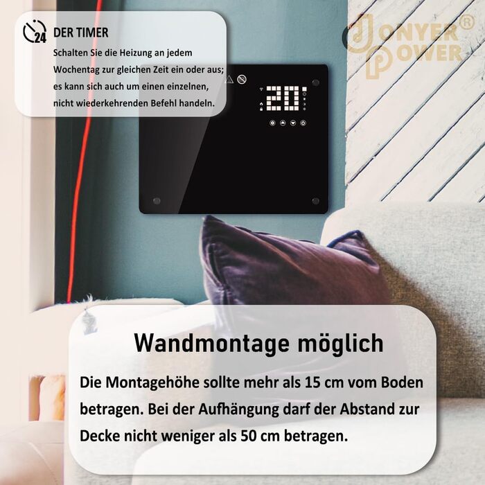 Конвектор DONYER POWER 2500W з Wi-Fi, чорний, з таймером та дистанційним керуванням, скляна панель