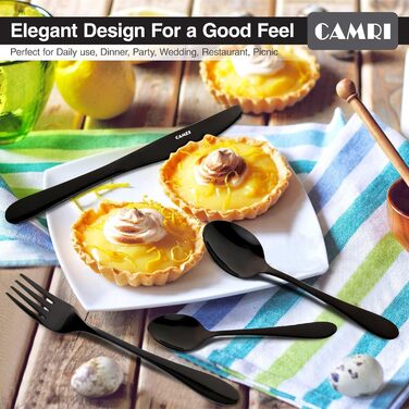 Набір столових приборів CAMRI – 16 предметів з нержавіючої сталі, столовий набір, ножі, виделки, ложки, набір для 4 осіб, придатний для миття в посудомийній машині, чорний матовий/дзеркальний дизайн