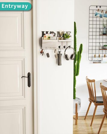 Дерев'яна ключниця HapiRm з декором HOME, 7 гачків, полиця для дрібниць, підходить для прихожої, спальні, офісу (біла)